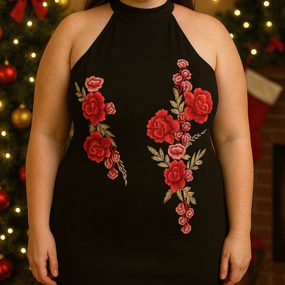 Symphony Halter Dress Women 1XL Black Embroidered Roses Formal Wedding Party NWT